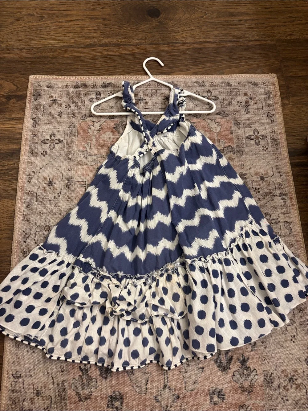 Girls Navy Chevron Halter Dress with Polka Dot Ruffle